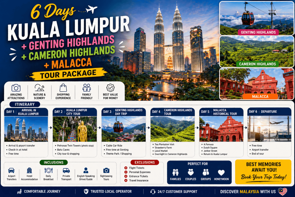 6 Days Tour Package Kuala Lumpur + Genting + Cameron + Malacca Malaysia